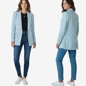 Jason Wu Sky Blue Boucle Double Breasted Blazer with Gold Accent Buttons Small